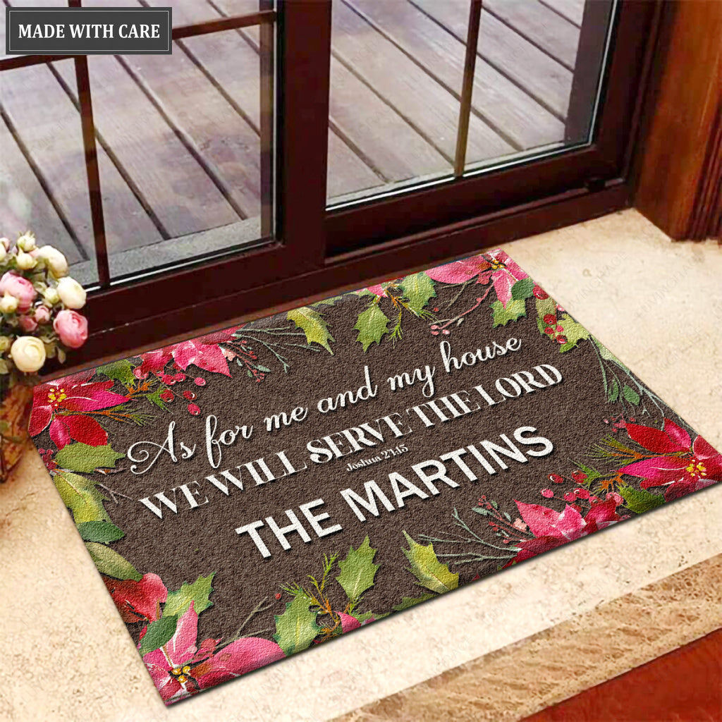 Personalized Holly Steams Poinsettia Serve The Lord Doormat
