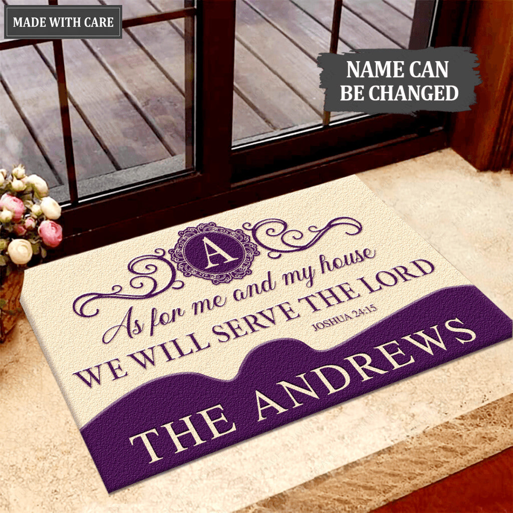 We Will Serve The Lord Purple And Tan Personalized Doormat