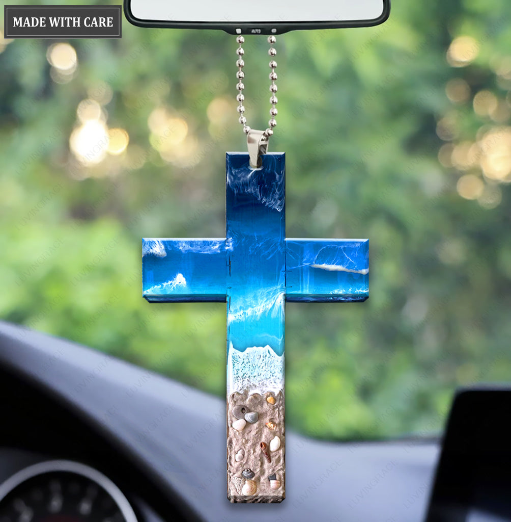 Large Beach Scene Cross Car Hanging Ornament
