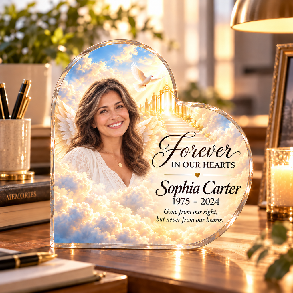 Personalized Memorial Photo Heart Acrylic Plaque – Forever in Our Hearts Sympathy Gift