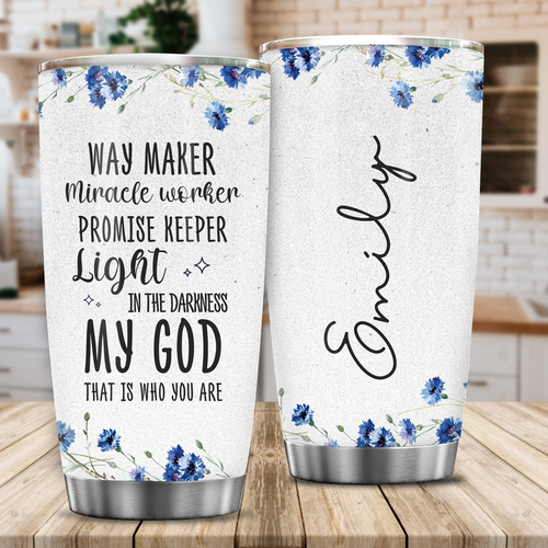 Blue Flower Way Maker Miracle Worker Custom Tumbler Birthday Gifts For Women Christian Gifts Custom Name Gift - Personalized Stainless Steel Tumbler