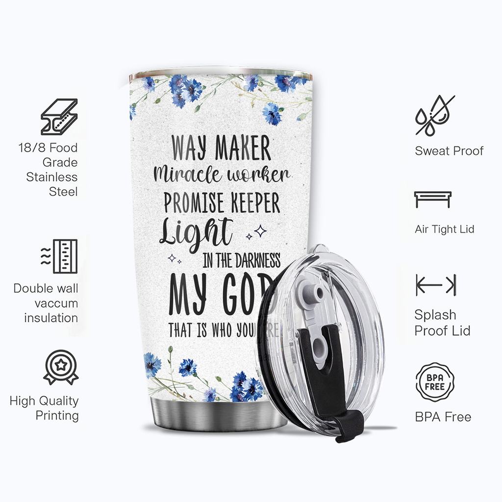 Blue Flower Way Maker Miracle Worker Custom Tumbler Birthday Gifts For Women Christian Gifts Custom Name Gift - Personalized Stainless Steel Tumbler