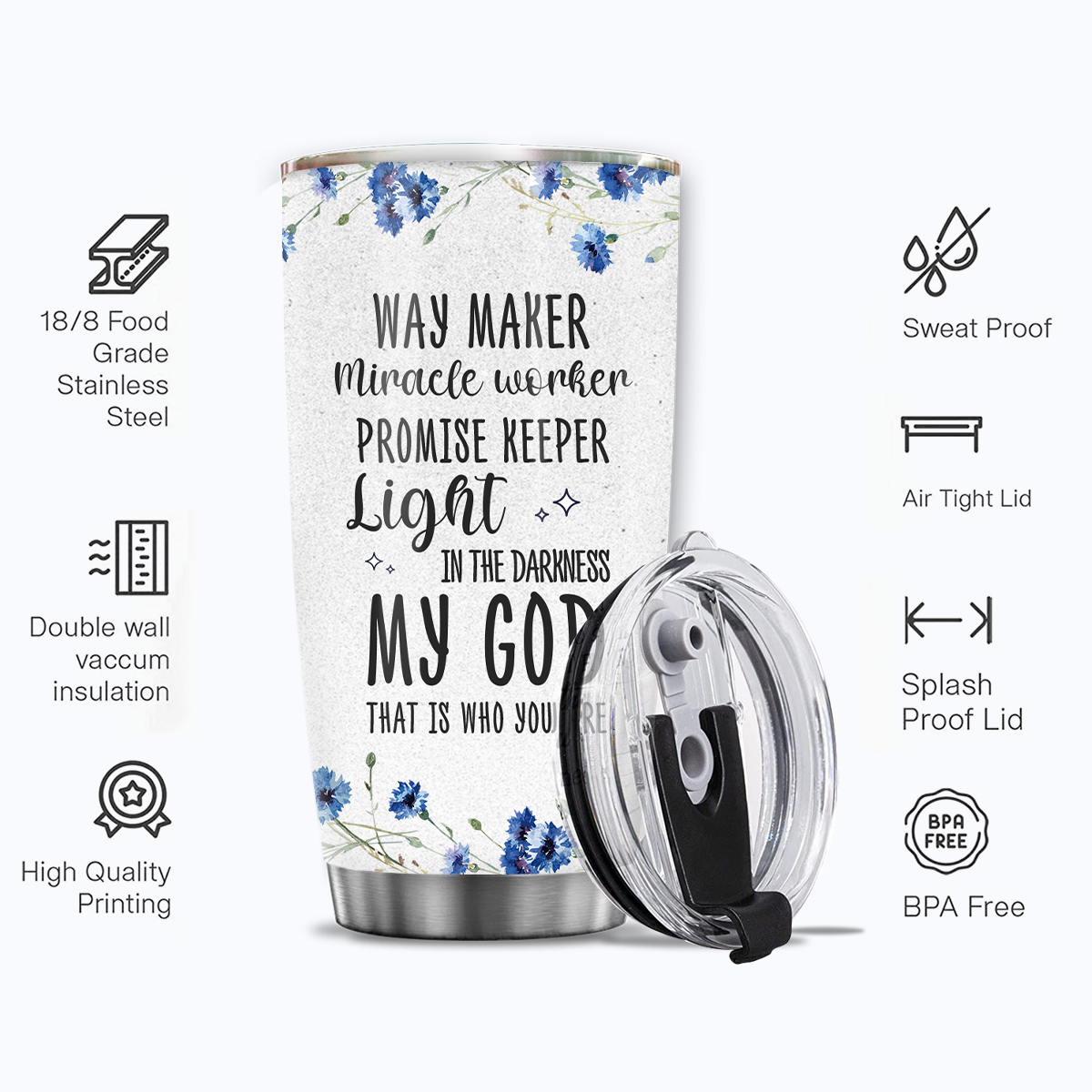 Blue Flower Way Maker Miracle Worker Custom Tumbler Birthday Gifts For Women Christian Gifts Custom Name Gift - Personalized Stainless Steel Tumbler