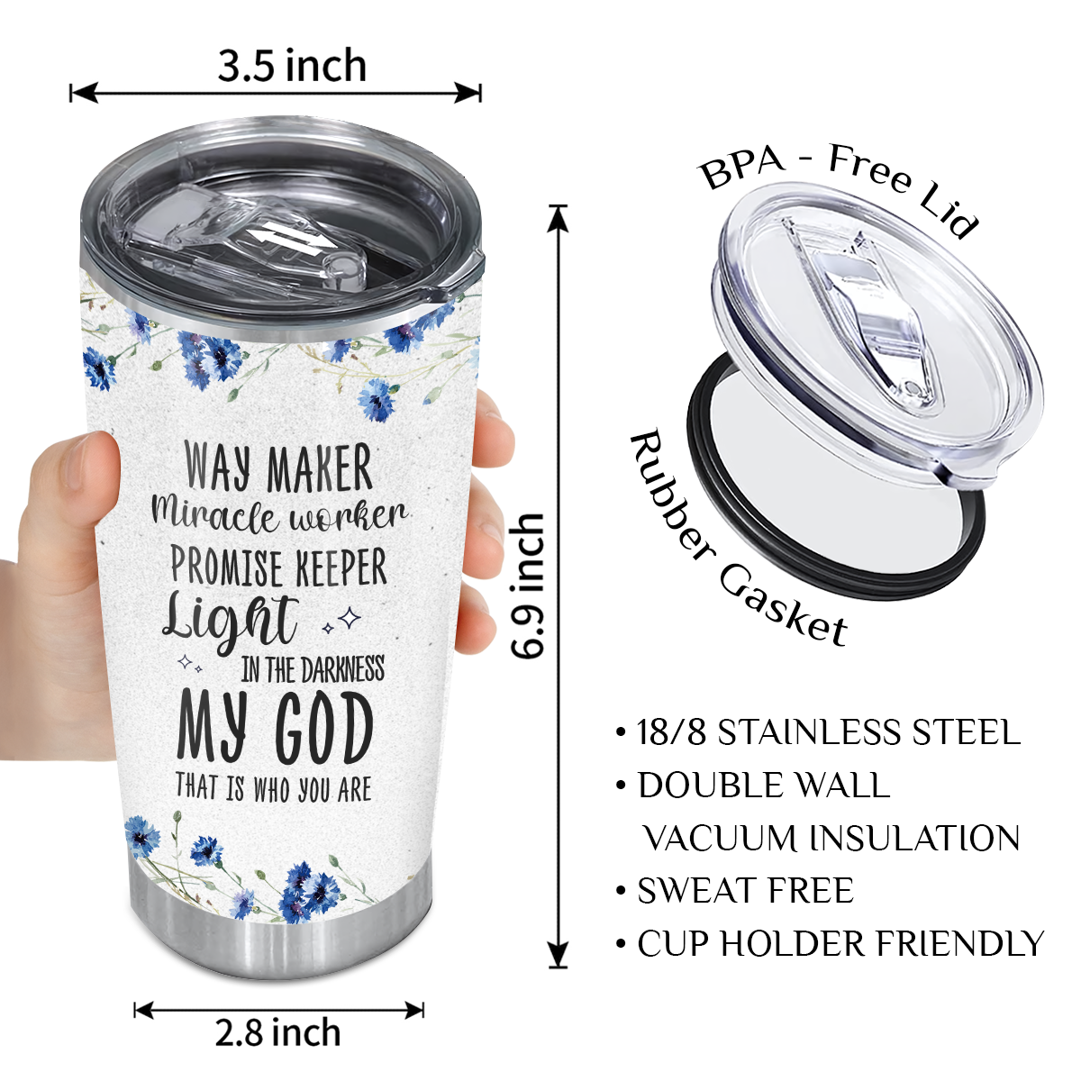 Blue Flower Way Maker Miracle Worker Custom Tumbler Birthday Gifts For Women Christian Gifts Custom Name Gift - Personalized Stainless Steel Tumbler