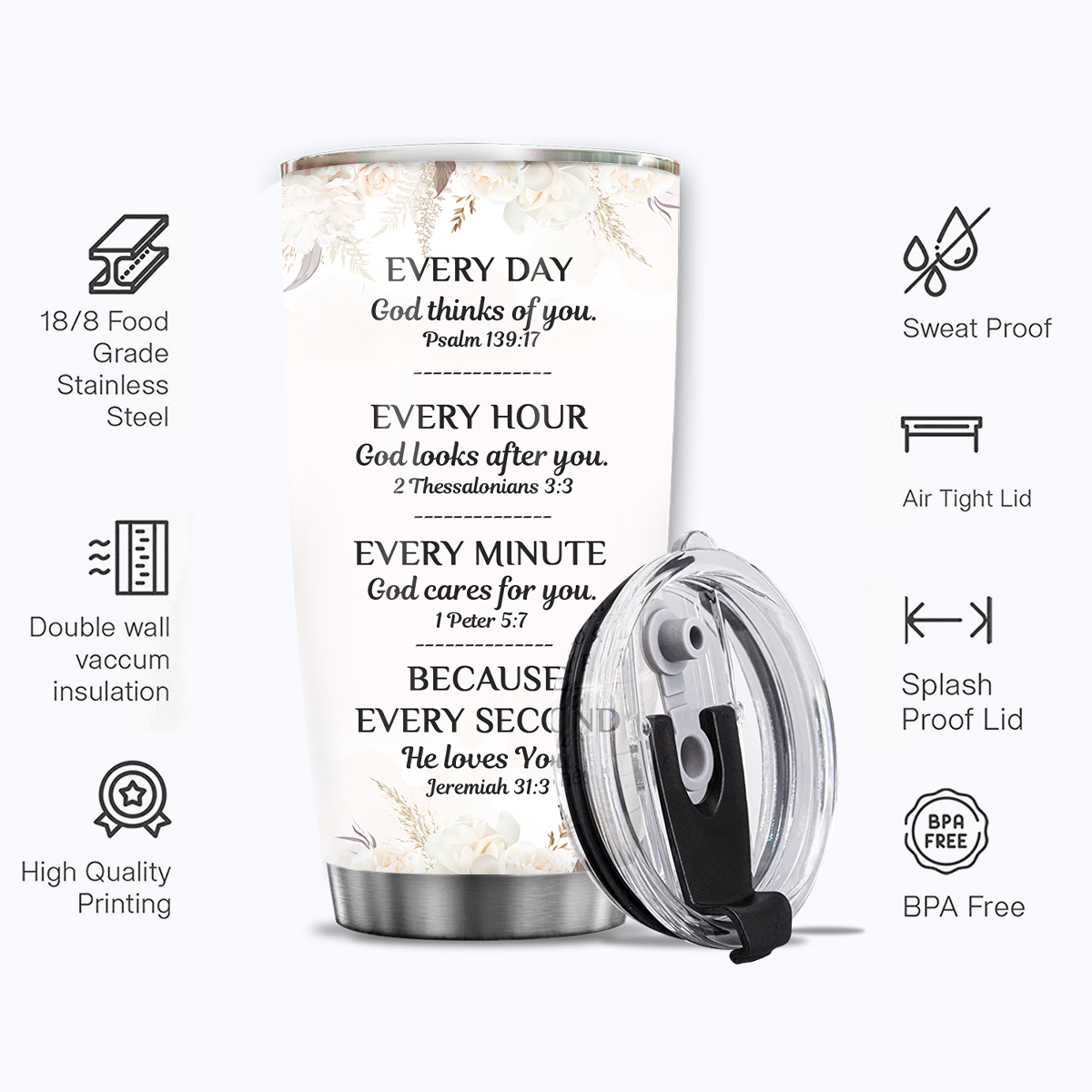 Flower Cross Every Day God Thinks Of You Custom Tumbler Birthday Gifts For Women Christian Gifts Custom Name Gift - Personalized Stainless Steel Tumbler
