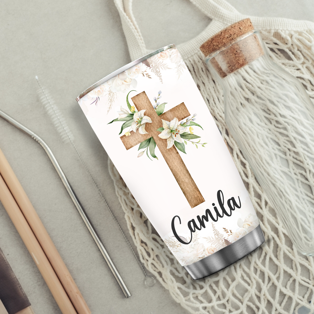 Flower Cross Every Day God Thinks Of You Custom Tumbler Birthday Gifts For Women Christian Gifts Custom Name Gift - Personalized Stainless Steel Tumbler