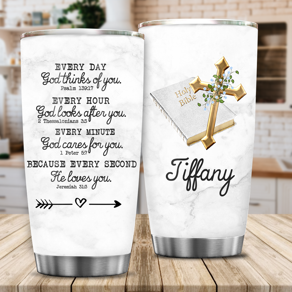 Golden Cross Holy Bible Every Day God Thinks Of You Custom Tumbler Birthday Gifts For Women Christian Gifts Custom Name Gift - Personalized Stainless Steel Tumbler