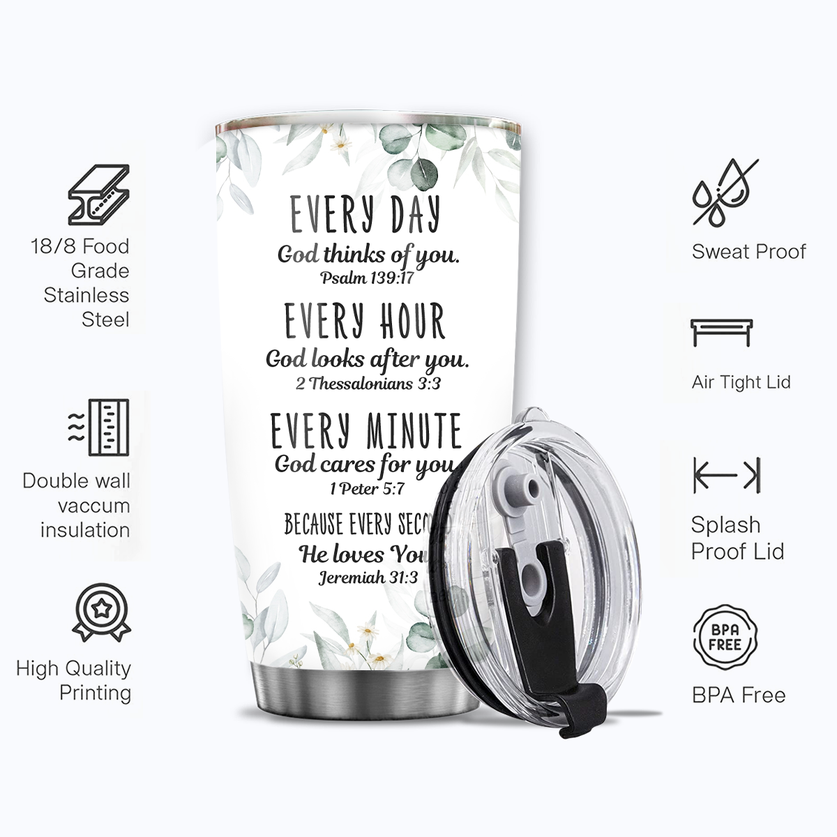 Green Leaf Every Day God Thinks Of You Custom Tumbler Birthday Gifts For Women Christian Gifts Custom Name Gift - Personalized Stainless Steel Tumbler