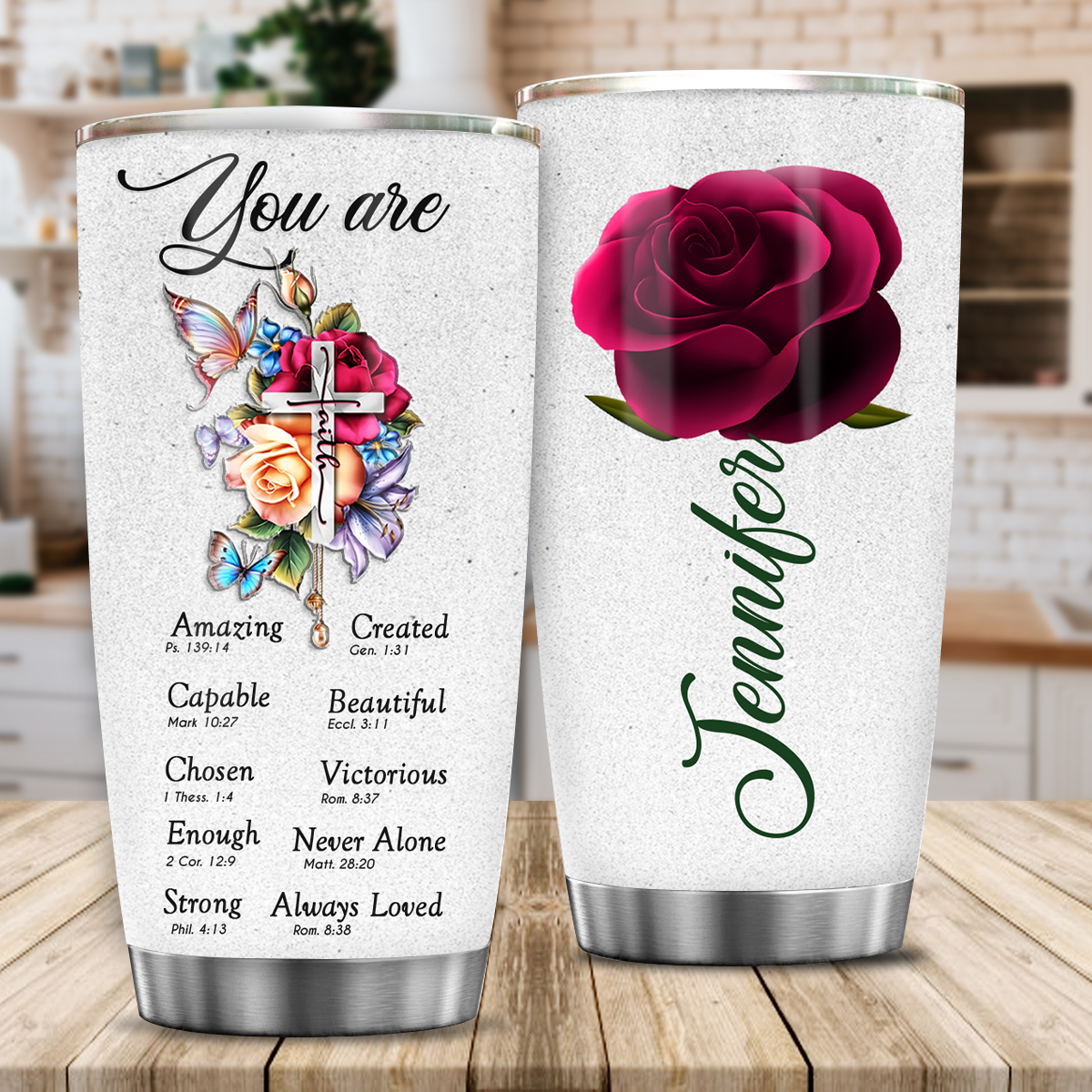 Roses Butterfly Flower Cross Identity In Christ You Are Custom Tumbler Birthday Gifts For Women Motivation Gift Custom Name Gift Christian Gift - Personalized Stainless Steel Tumbler