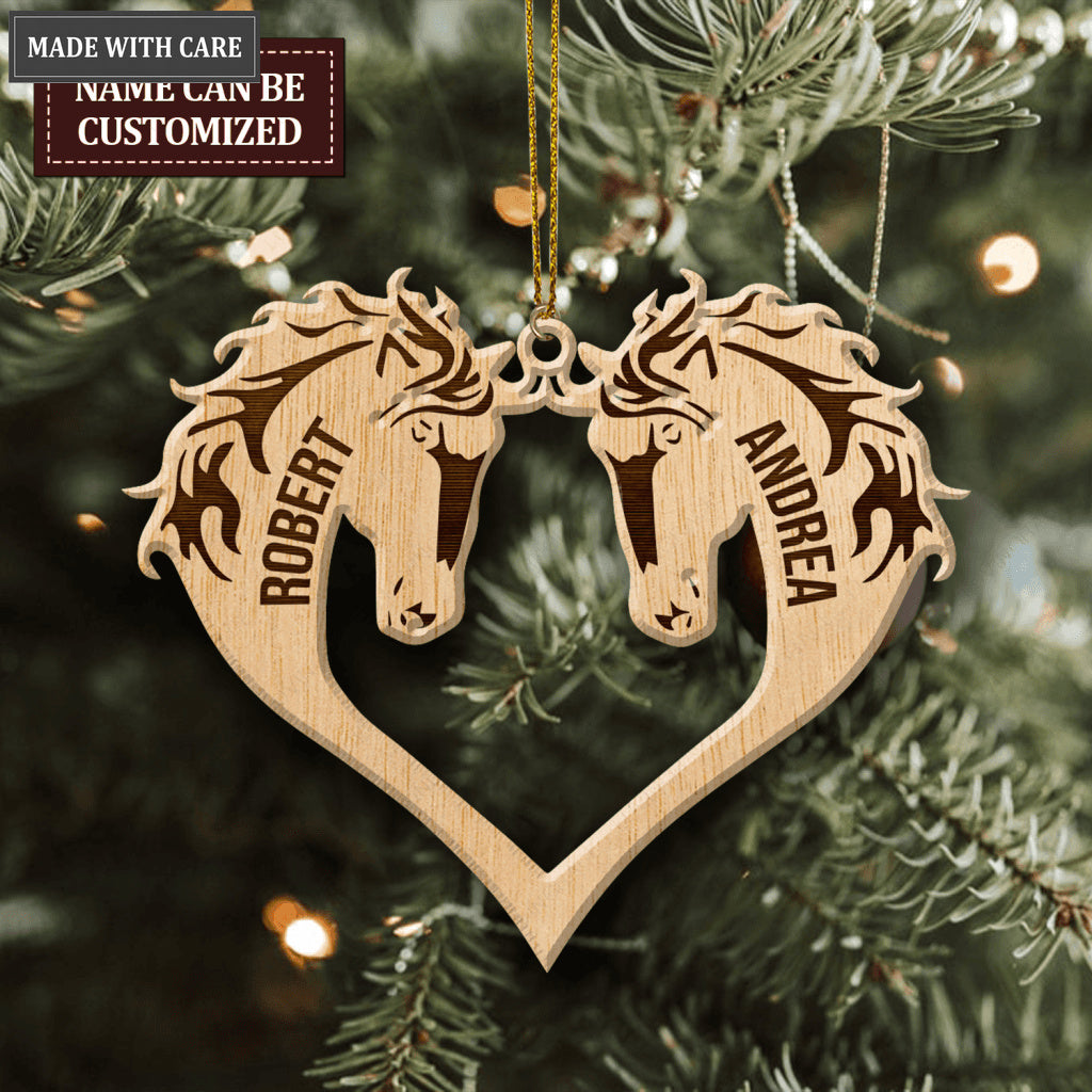Heart Couple Horse Wood Engraved Ornaments