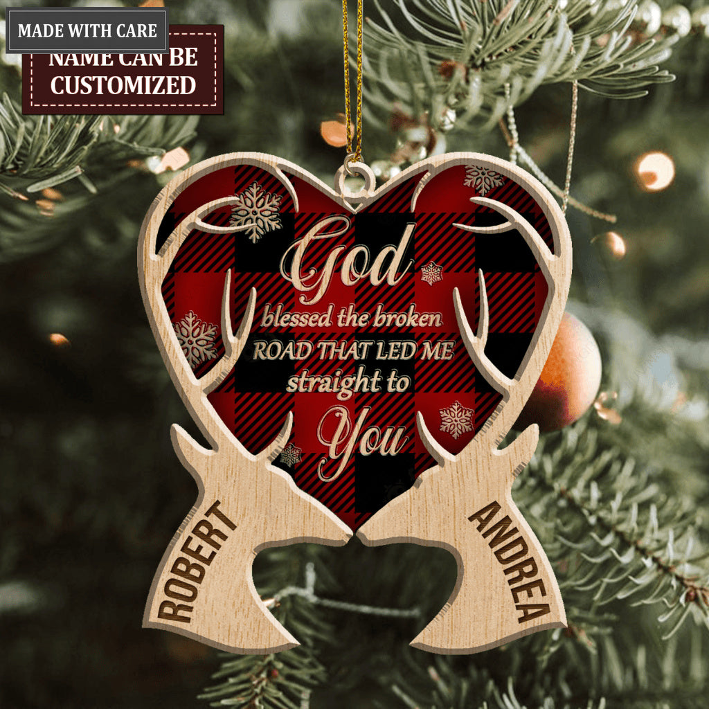 Red Tartan Deer Couple God Blessed Wood Engraved Ornaments