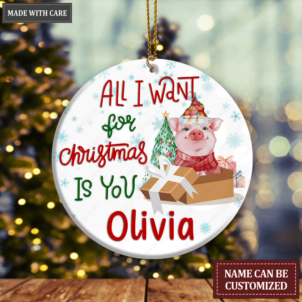 Little Baby Pig In Gift Box All I Want For Christmas Is You Personalized Ornament