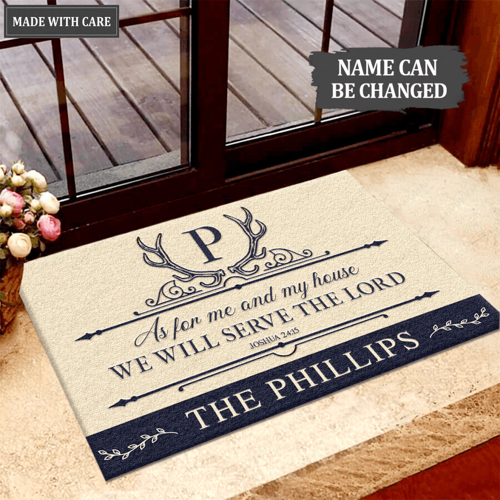 Vintage Antler Monogram Serve The Lord Personalized Doormat