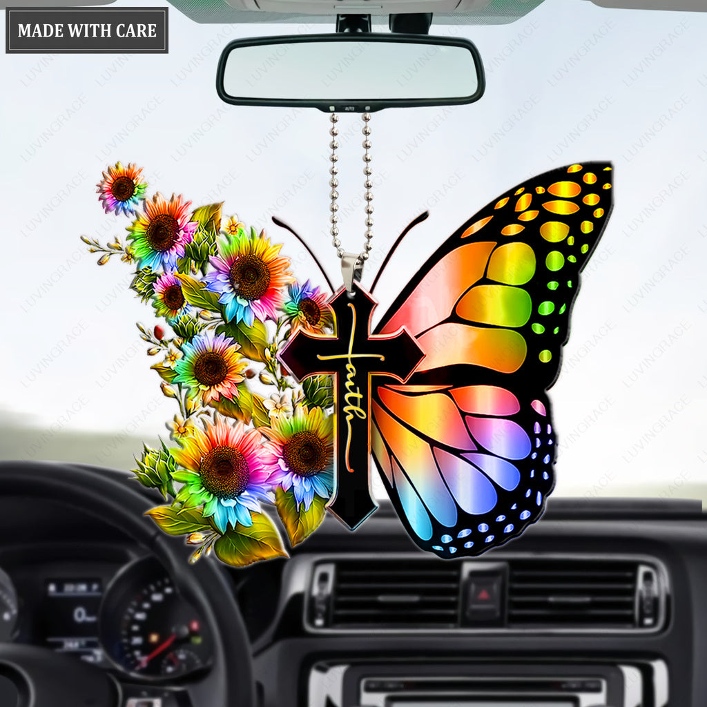 Rainbow Sunflower Butterfly Faith Ornament