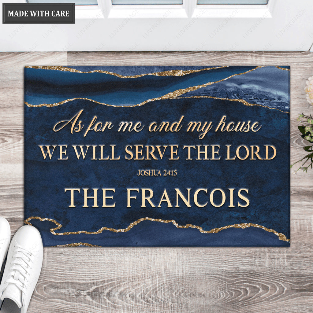Personalized Chic Navy Blue Gold Serve The Lord Doormat