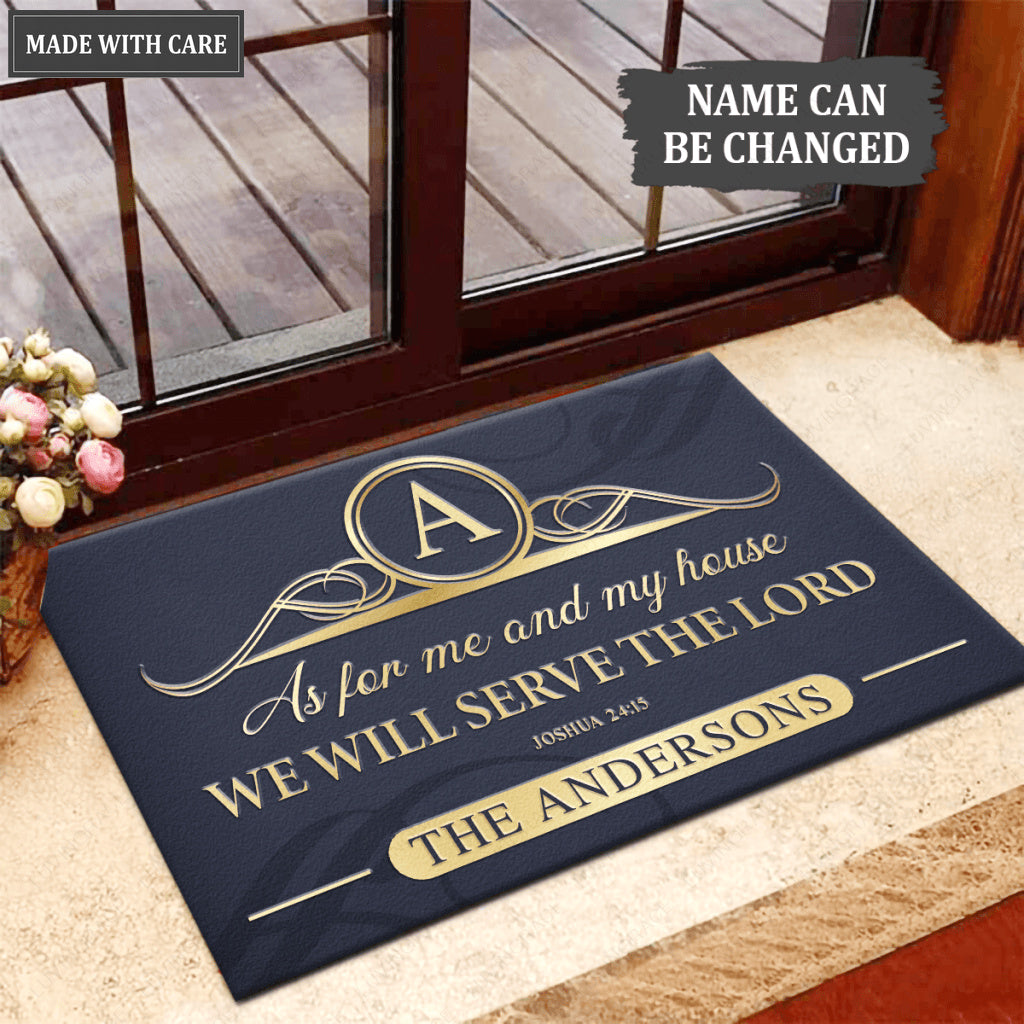 Elegant Navy Ornate Serve The Lord Personalized Doormat