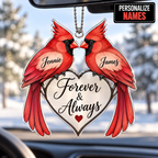 Personalized Cardinal Couple Ornament  - Custom Names Forever & Always Heart Car Ornament Gift for Couples, Anniversary Gifts for Husband & Wife