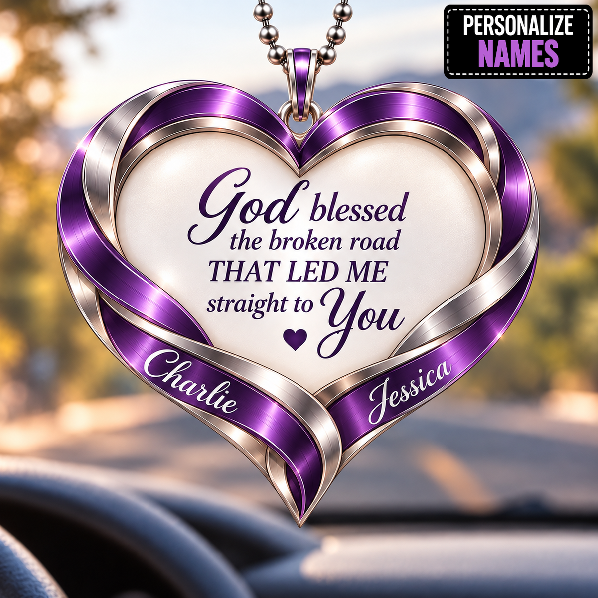 Personalized Heart Couple Ornament  - Custom Names God Blessed Heart Car Ornament Gift for Couples, Anniversary Gifts for Husband & Wife