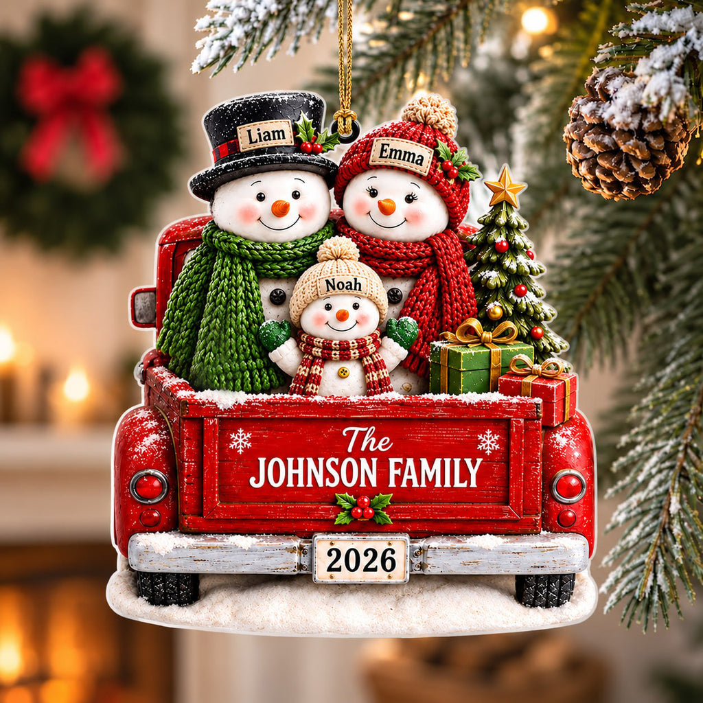 Personalized Snowman Family Christmas Truck 3D Ornament – Custom Names & Family Name Christmas Gift
