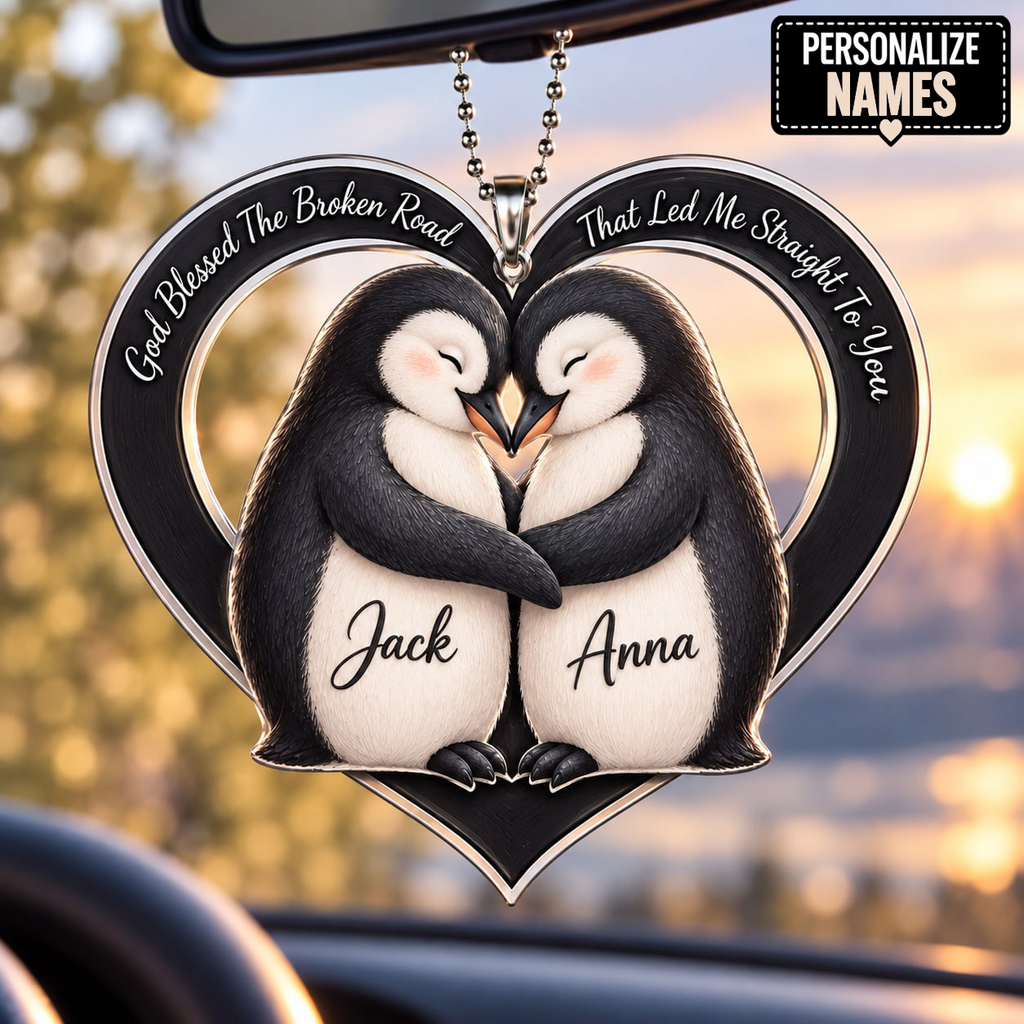 Personalized Penguin Couple Ornament - Custom Names God Blessed Heart Car Ornament - Perfect Gift for Couples, Anniversary Gift for Penguin Lovers
