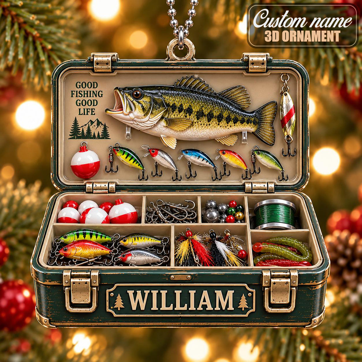 3D Raised Personalized Fishing Tackle Box Christmas Ornament