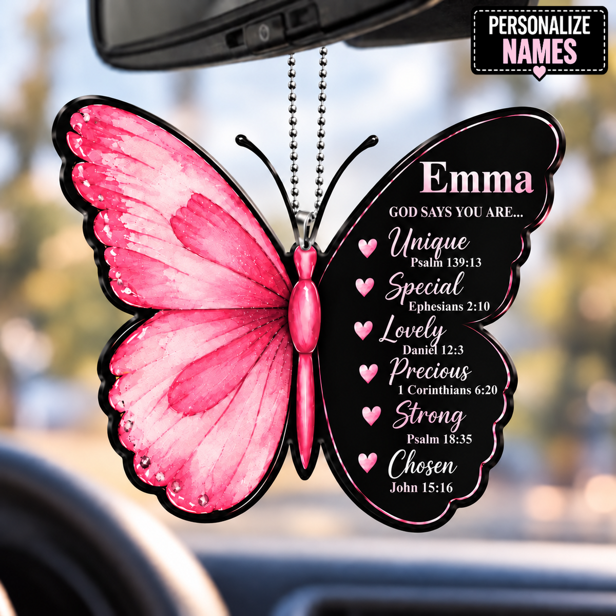 Personalized Name Black Pink Butterfly Ornament  - God Says You Are Car Ornament Gift for Her, Christian Gift for Jesus Lovers