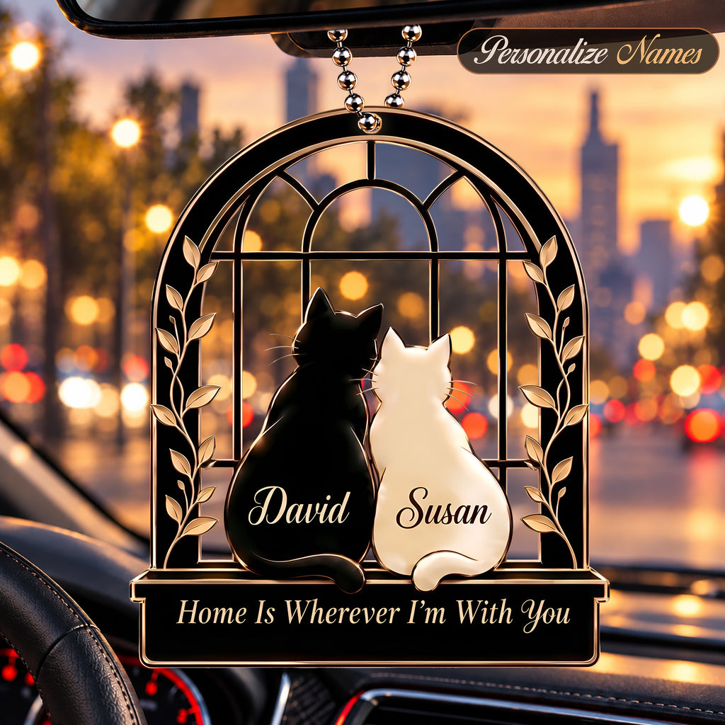 Personalized Names Home Is Wherever I'm With You Black and White Cat Couple Car Ornament