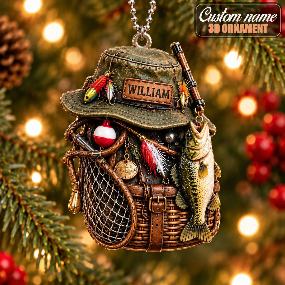 3D Raised Personalized Fishing Hat Christmas Ornament