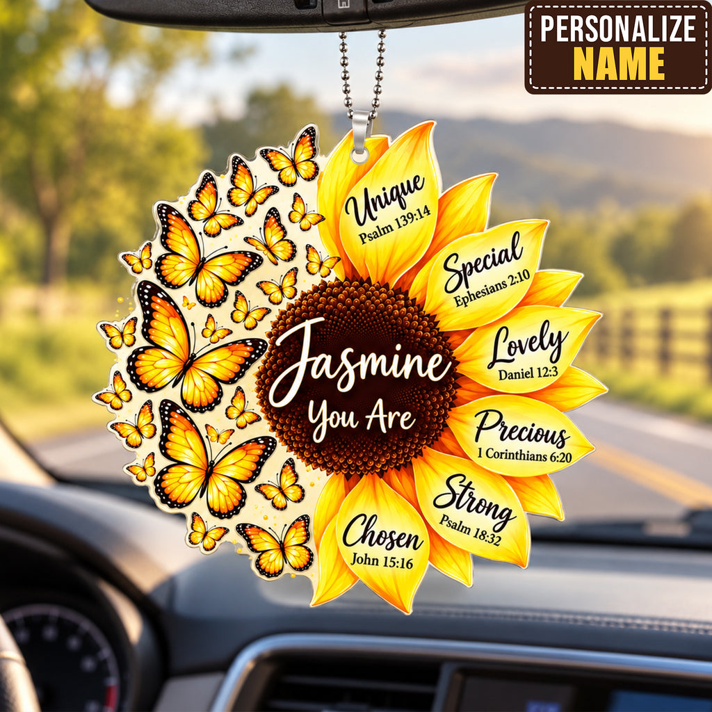 Personalized Names You Are Butterflies and Sunflower Car Ornament - Faith Gift for Her