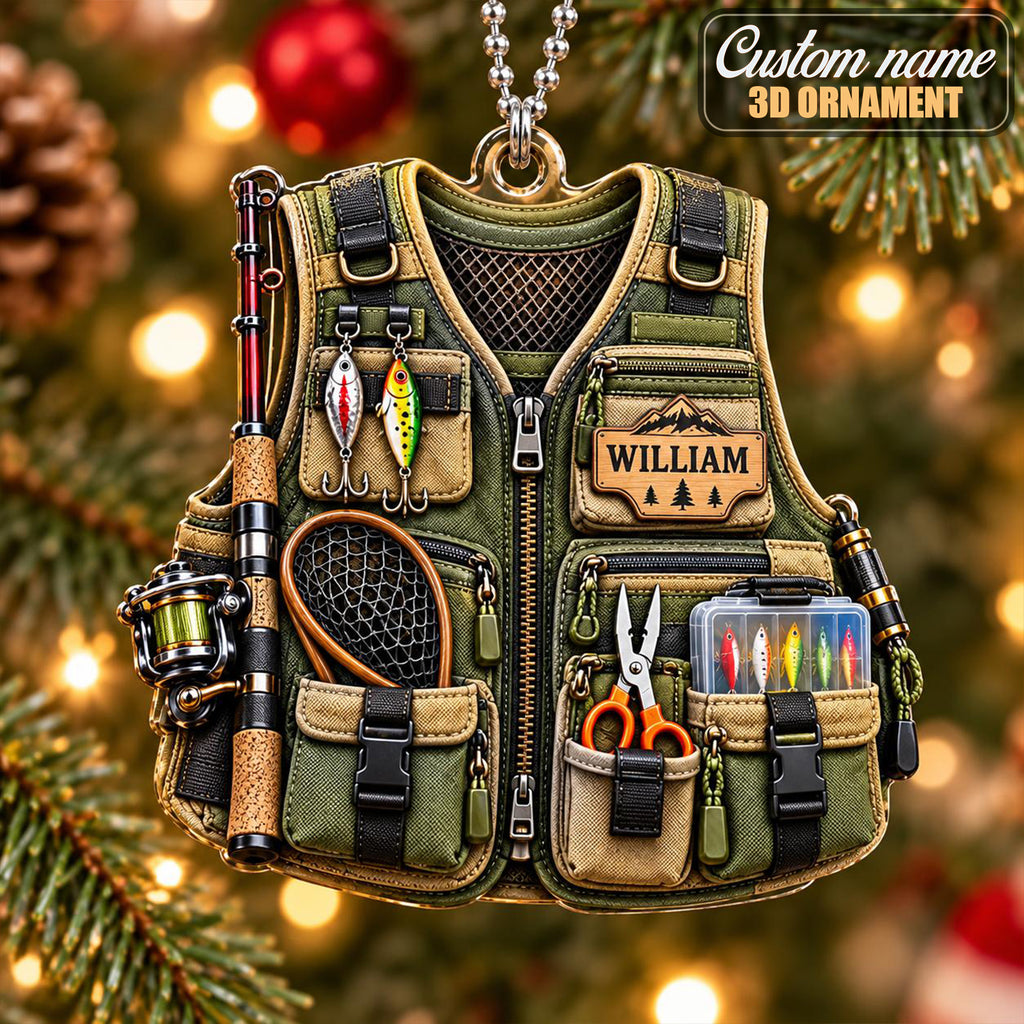 3D Raised Personalized Fishing Vest Christmas Ornament