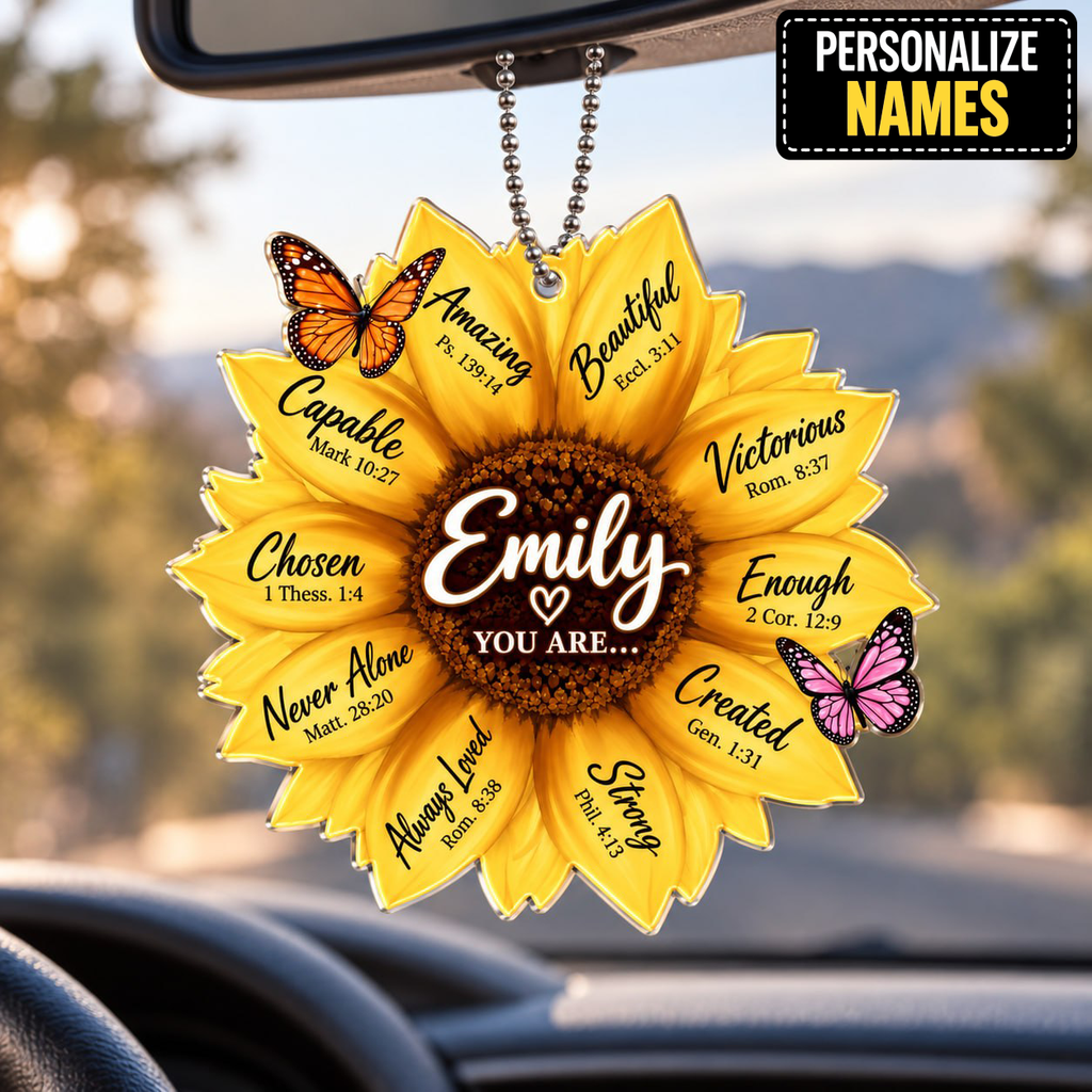 Personalized Sunflower Christian Ornament - Custom Name You Are Strong Sunflower Car Ornament -Inspirational Gift for Her