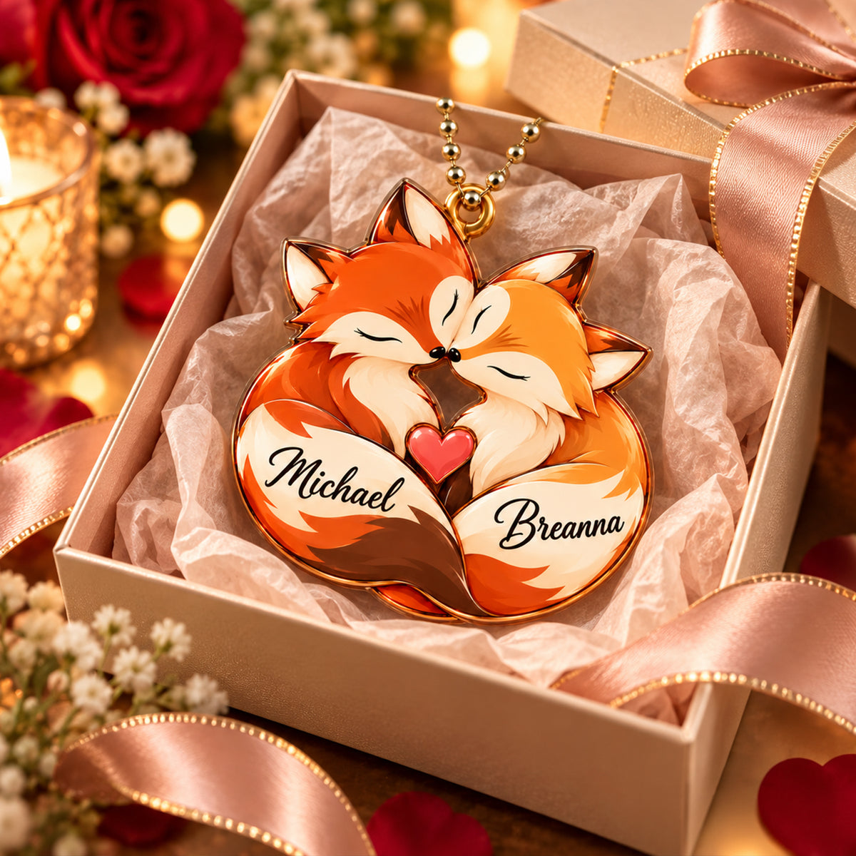 Personalized Names Loving Fox Couple Ornament – Anniversary Gift for Him & Her
