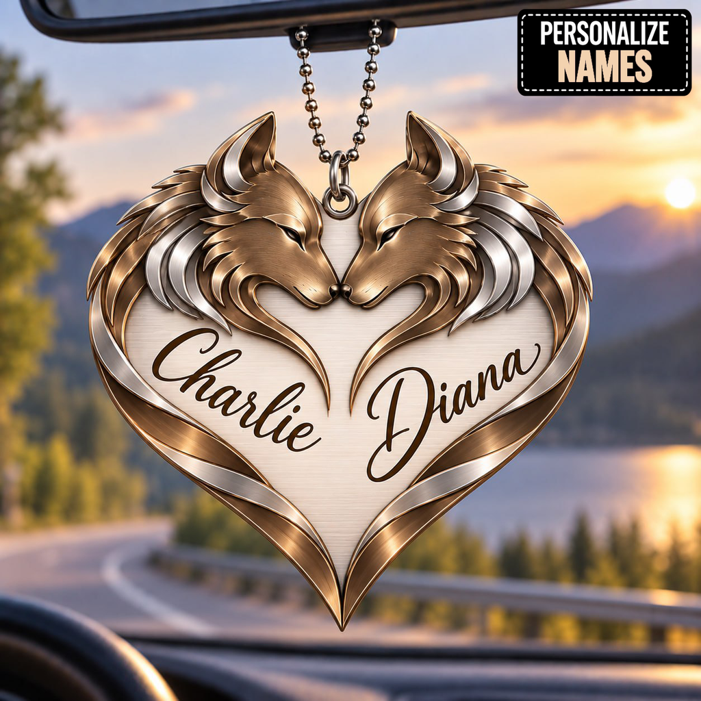 Couple Wolf Heart Personalized Ornament - Custom Names Wolf Couple Heart Car Ornament Gift for Couples, Anniversary Gifts for Husband & Wife