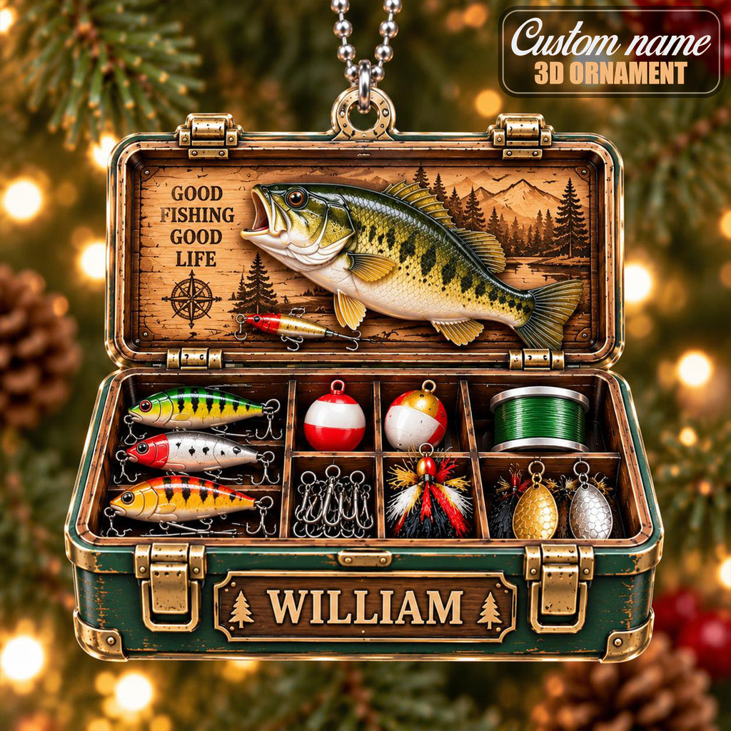 3D Raised Personalized Bass Fishing Tackle Box Christmas Ornament