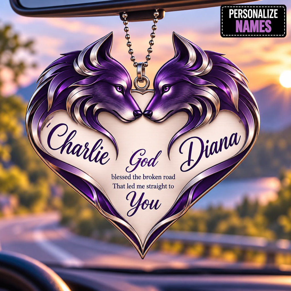 Couple Wolf Heart Personalized Ornament - Custom Names God Blessed Heart Wolf Couple Car Ornament Gift for Couples, Anniversary Gifts for Husband & Wife