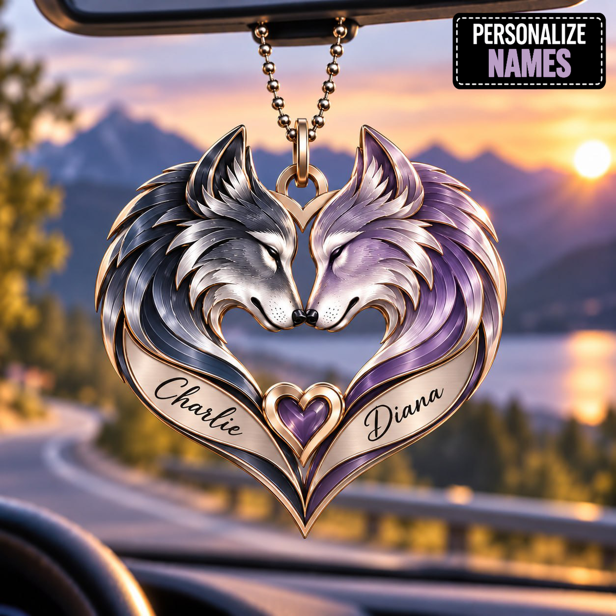 Couple Wolf Heart Personalized Ornament - Custom Names Romantic Love with Wolf Couple Heart Car Ornament - Gift for Couples, Anniversary Gifts for Husband & Wife, for Wolf Lovers