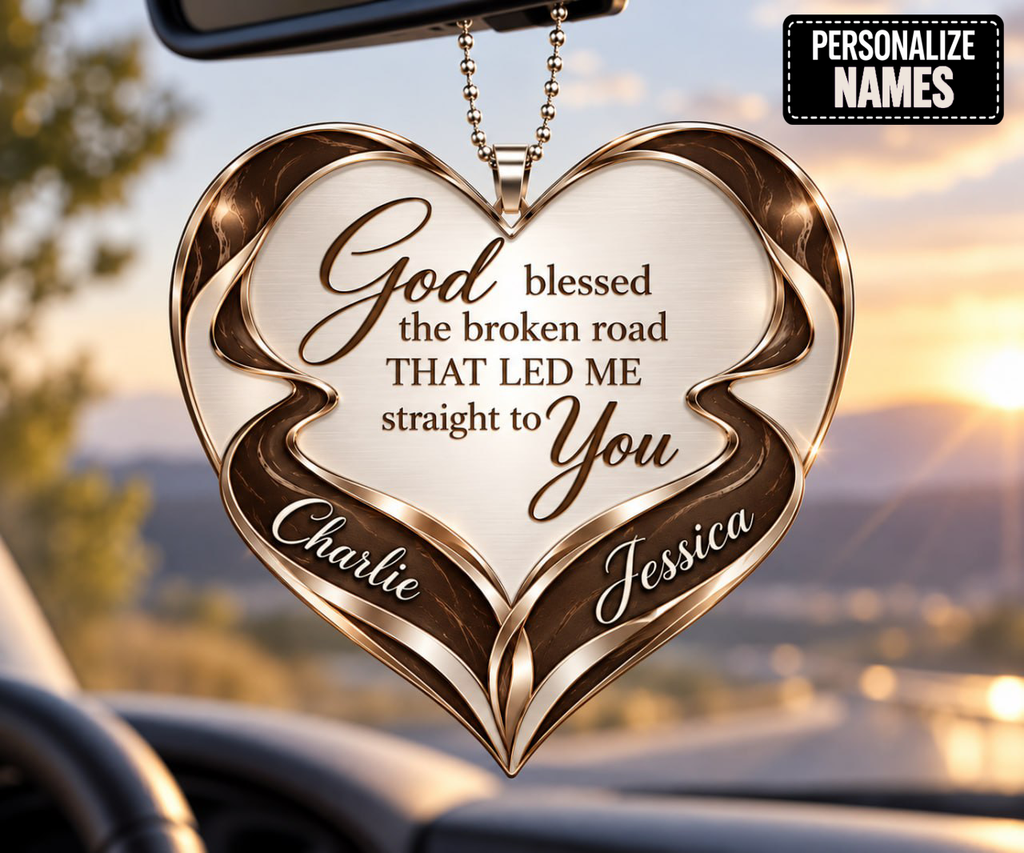 Personalized Christian Heart Ornament, Custom Couple Names God Blessed Heart Car Ornament - Gift for Couples, Inspirational Gift for Husband & Wife