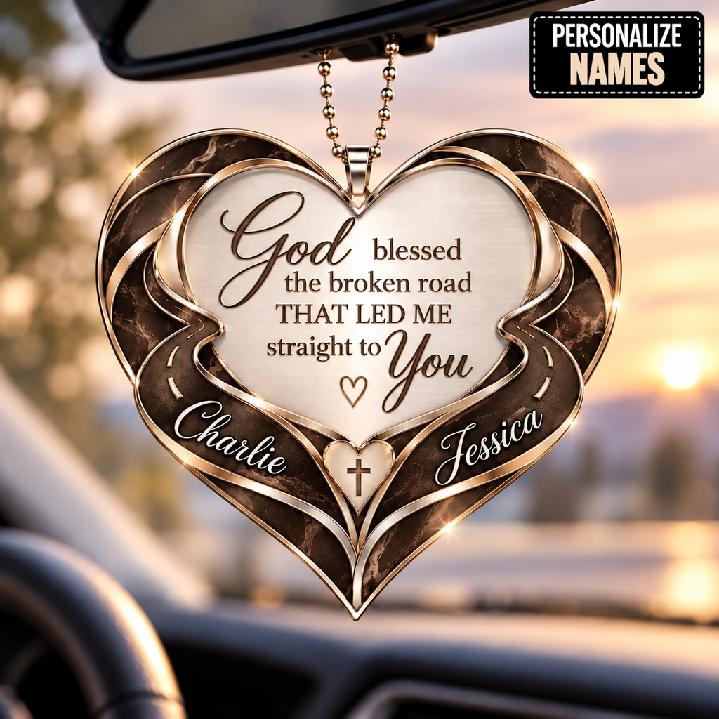 Personalized Jesus Bible Cross Heart Ornament, Custom Couple Names God Blessed Heart Car Ornament - Gift for Couples, Anniversary Gift for Husband & Wife
