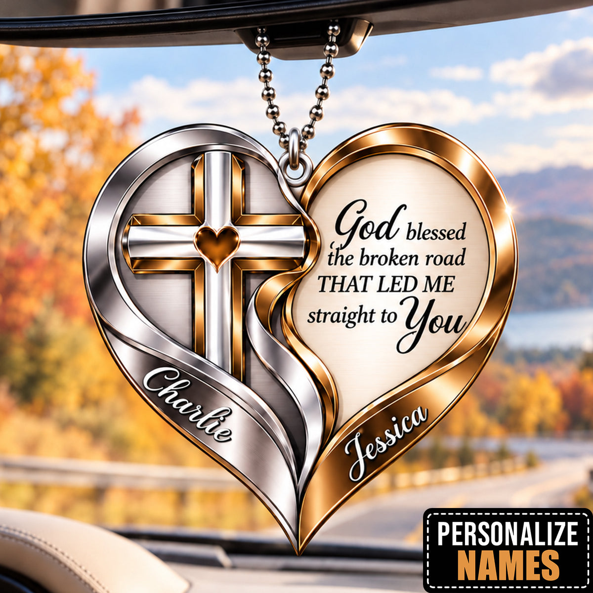 Personalized Names Interlocking Cross God Blessed Heart Ornament – Anniversary Gift for Him & Her
