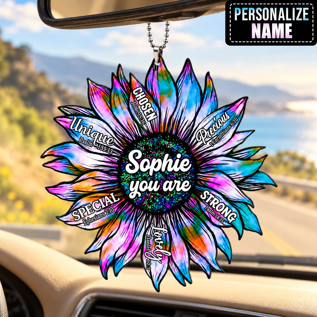 Personalized Name You Are Beautiful Sunflower Car Ornament - Inspirational Gift for Her