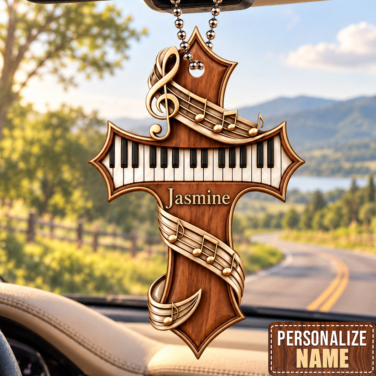 Personalized Name Piano Cross Car Ornament - Gift for Music Lovers, Artist Faith Keepsake