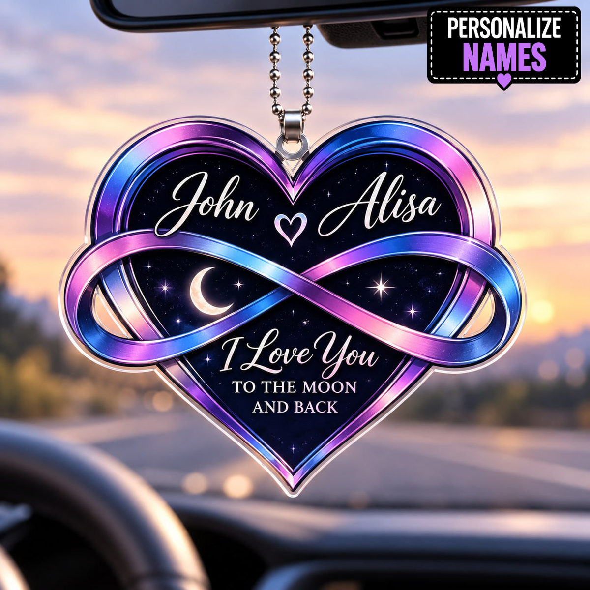 Personalized Heart Car Ornament – I Love You To The Moon and Back Ornament - Ideal Gift for Couples, Anniversary Gifts