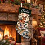 Personalized Hunting & Fishing Christmas Stocking – Custom Name Deer, Duck & Bass Design