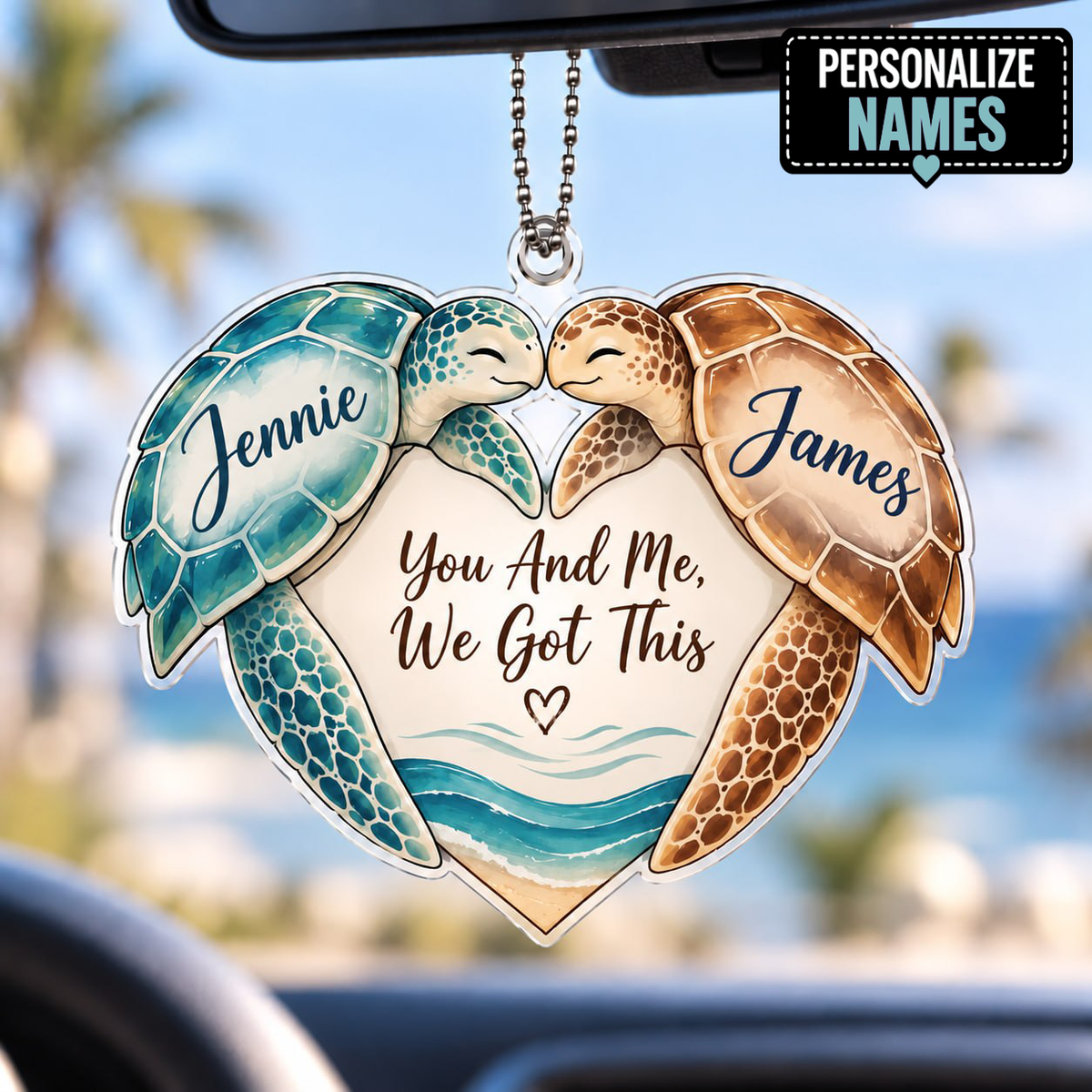 Personalized Sea Turtle Car Ornament - Custom Names Ocean Beach Couple Keepsake - Ideal Anniversary Gift for Couples