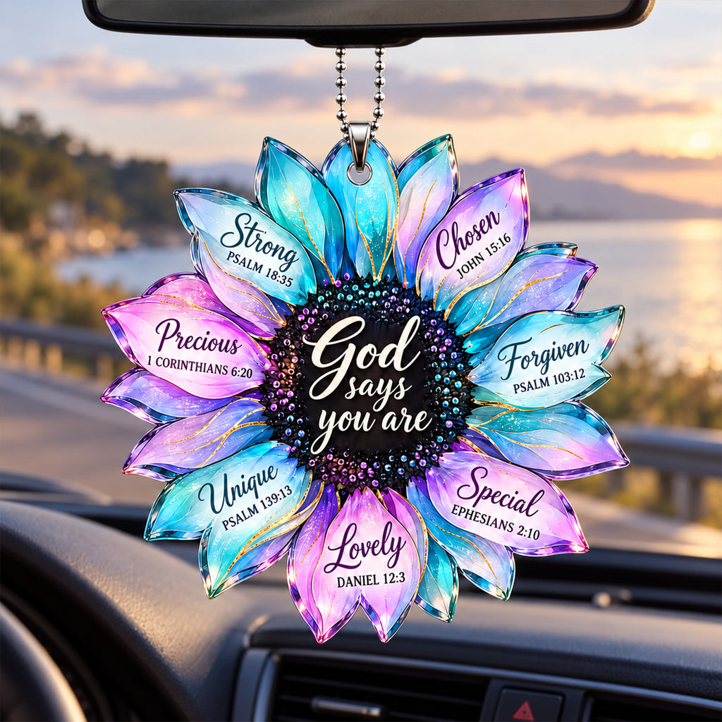 God Says You Are Loved Hologram Sunflower Car Ornament - Inspirational Christian Gift