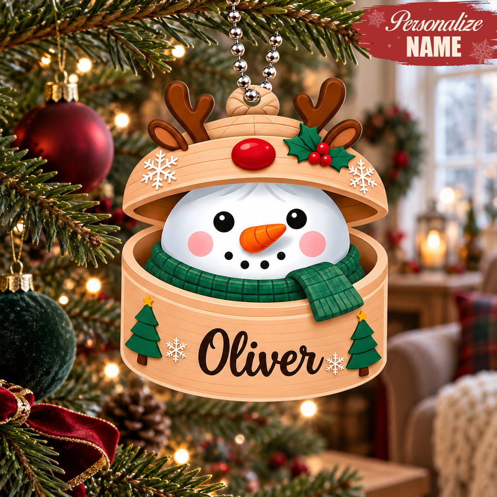 Personalized Name Snowman in Reindeer Hat Ornament – Custom Christmas Keepsake