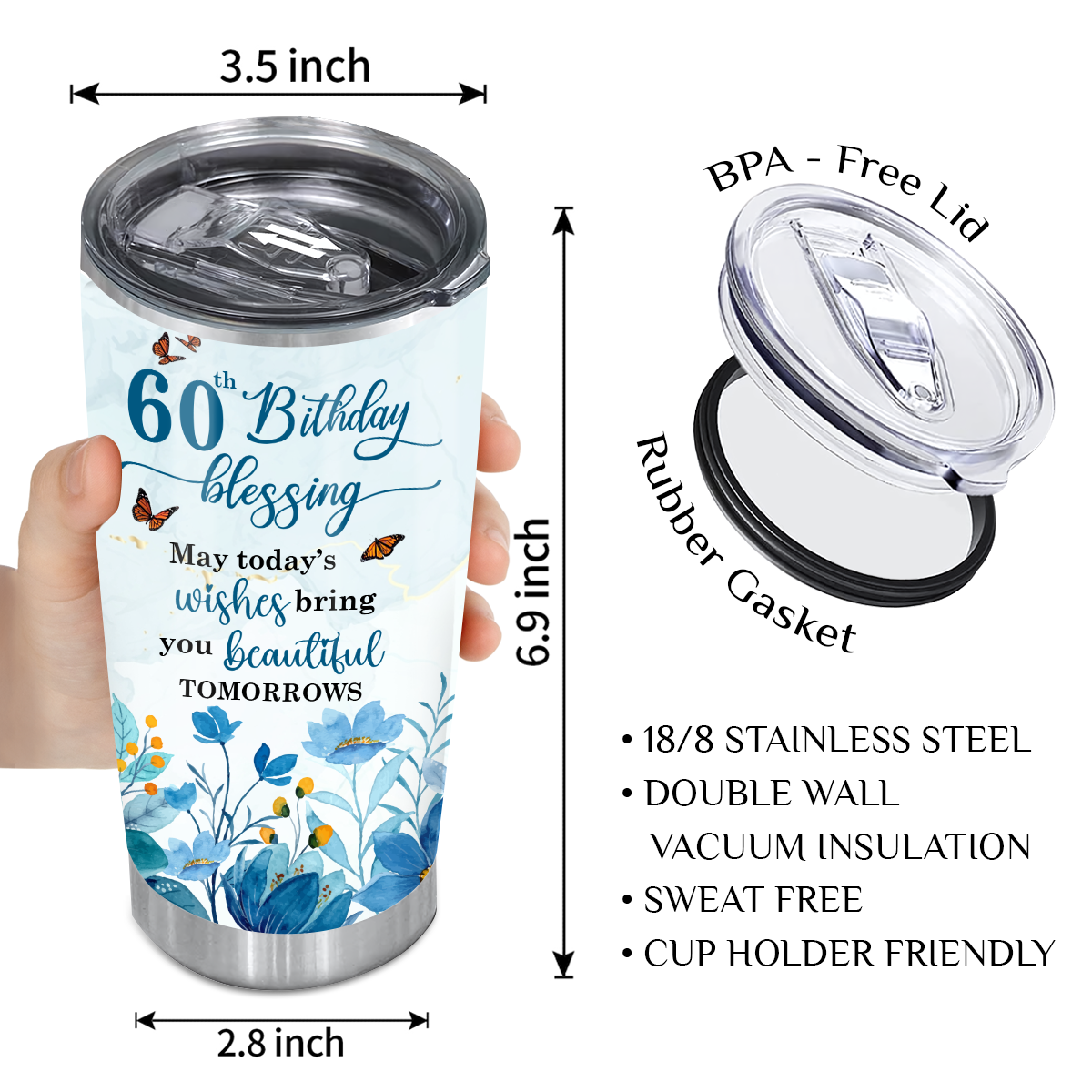 Blue Flower Butterfly 60th Birthday Blessing Today's Wishes Bring You Beautiful Custom Gifts Men Women Stainless Steel Tumbler - Personalized Stainless Steel Tumbler