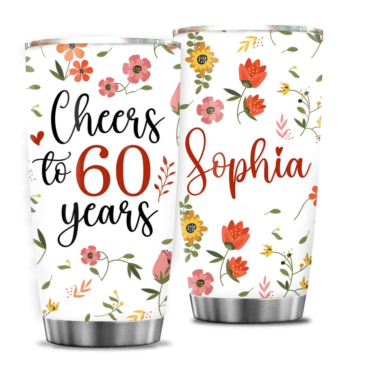 Flower Pattern 60th Birthday Cheers To 60 Years Custom Gifts Men Women Stainless Steel Tumbler - Personalized Stainless Steel Tumbler