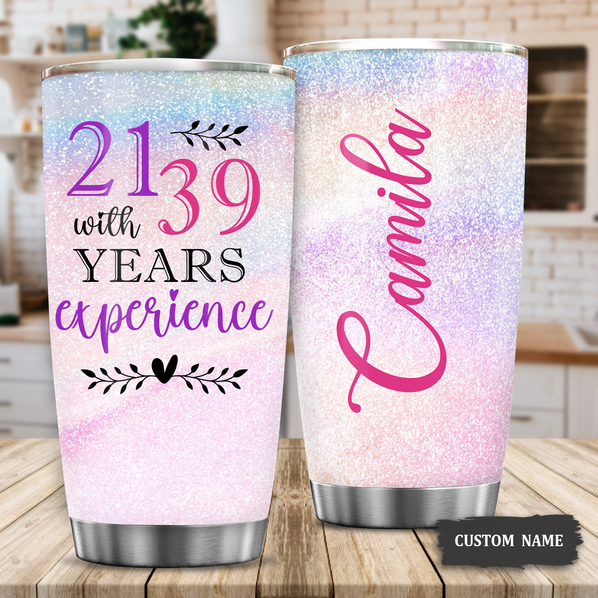 Pink Blue Glitter 60th Birthday Funny 21 With 39 Years Experience Custom Gifts Men Women Stainless Steel Tumbler - Personalized Stainless Steel Tumbler