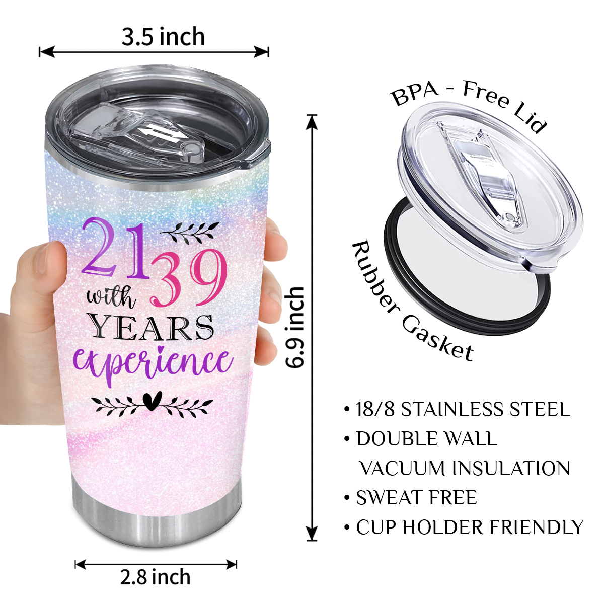 Pink Blue Glitter 60th Birthday Funny 21 With 39 Years Experience Custom Gifts Men Women Stainless Steel Tumbler - Personalized Stainless Steel Tumbler